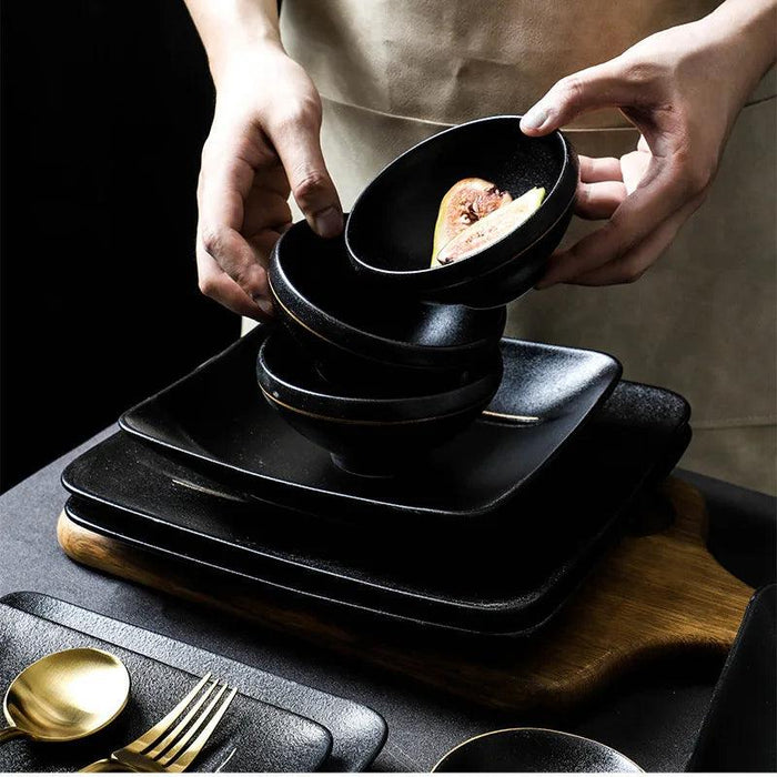 Elegant Matte Black and Gold Ceramic Dinnerware Collection - Essential Set for Upscale Dining Experiences