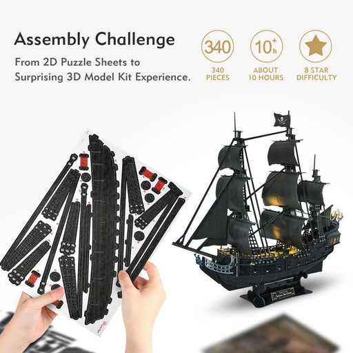 Illuminated 3D Metal Puzzle Kit - Queen Anne's Revenge Pirate Ship Model for Adults and Teens, 340-Piece Challenge