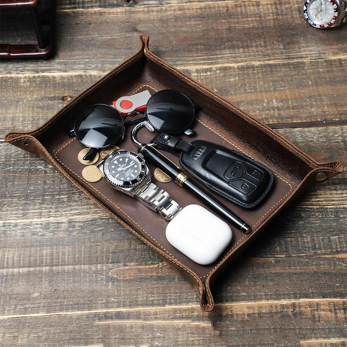 Elegant Cowhide Leather Organizer Tray for Keys, Wallets, and Coins: A Stylish Storage Solution