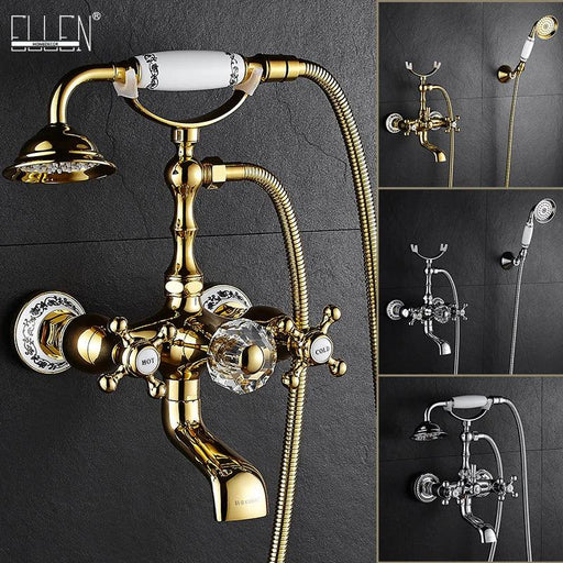 Luxurious Gold Brass Bathtub Faucet with Crystal Accents and Hand Shower