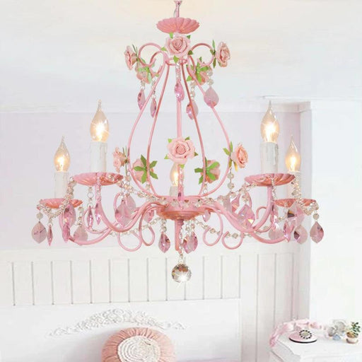 Chic Pink Crystal Pendant Light - Modern Iron Chandelier for Stylish Girls' Bedrooms and Living Areas with E14 LED Compatibility