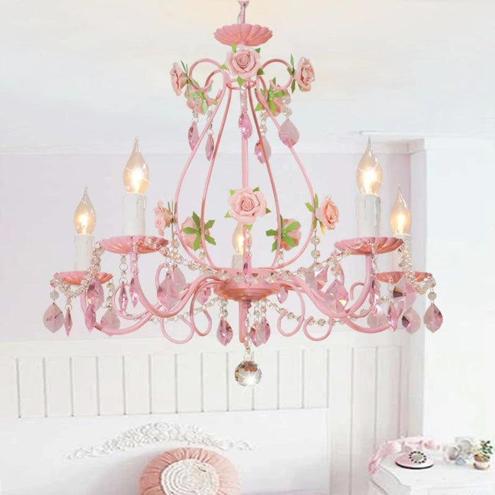 Chic Pink Crystal Pendant Light - Modern Iron Chandelier for Stylish Girls' Bedrooms and Living Areas with E14 LED Compatibility