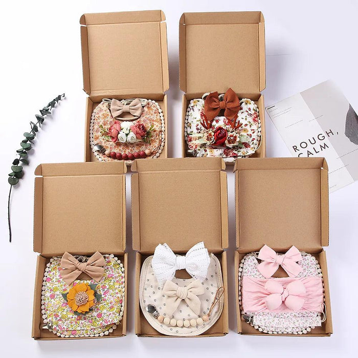 Chic Floral Baby Care Set: Bib, Headband, and Silicone Pacifier Clip in Festive Gift Box