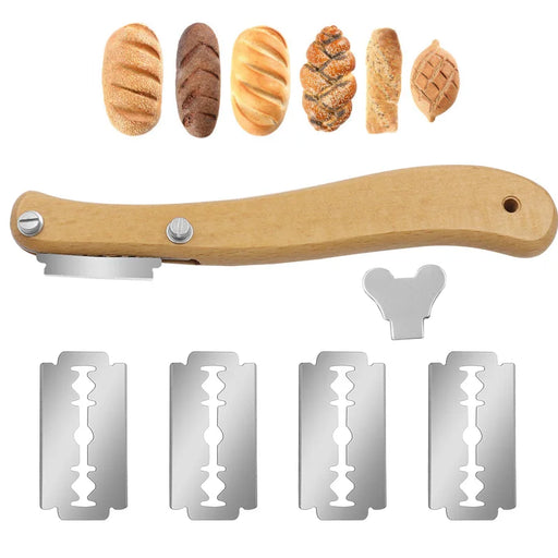 French Bakery Bread Knife Set - Ergonomic Wooden Handle, 5 Curved Blades, Includes Packaging Box