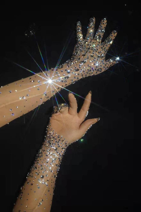 Glamorous Rhinestone-Embellished Mesh Gloves for Women - Perfect for Nightlife and Performances