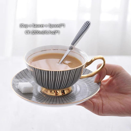 Elegant Gray Bone China Tea Set with Gold Accents - 200ml Cup, Saucer & Spoon Collection