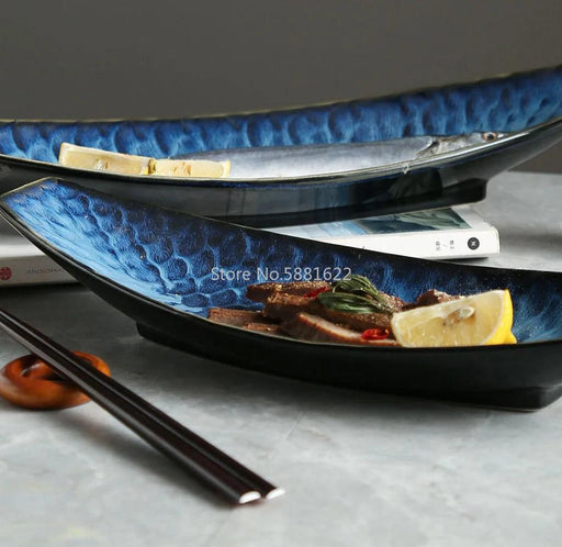 Ceramic Blue Fish Serving Tray - Elegant Centerpiece for Dining Excellence