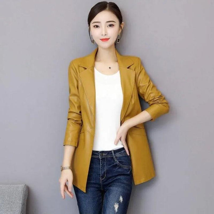 Sophisticated Korean Sheepskin Leather Blazer for Women - Trendy Mid-Length Fashion Coat