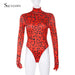 Leopard Print Long Sleeve Turtleneck Bodysuit for Women with Gloves - Slim Bodycon Rave Outfit for Autumn