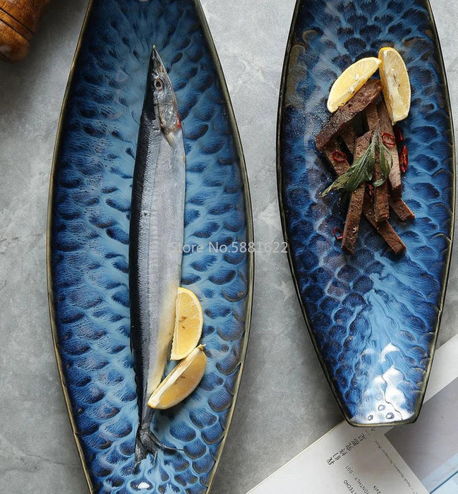 Ceramic Blue Fish Serving Tray - Elegant Centerpiece for Dining Excellence