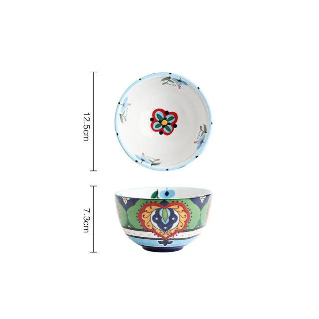 Bohemian Hand-Painted Ceramic Bowl - Elegant Rice, Noodle & Salad Dish with Innovative Chopstick Holder