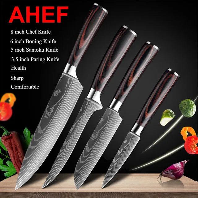 Premium 7CR17 Japanese Laser Damascus Culinary Knife Set - Chef, Santoku, Cleaver, Slicing & Utility Options