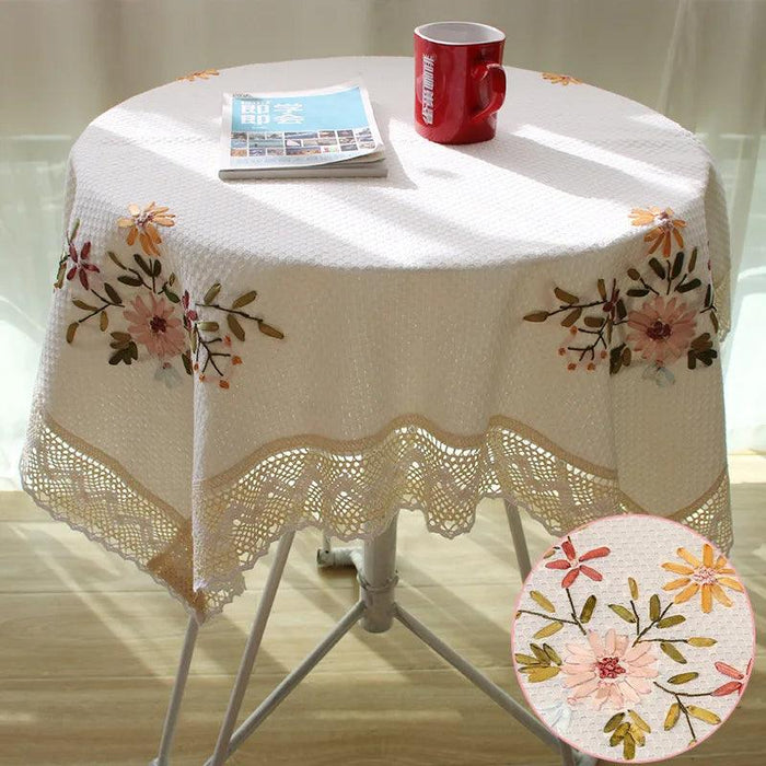 Charming Floral Embroidered Round Cotton Linen Table Cover