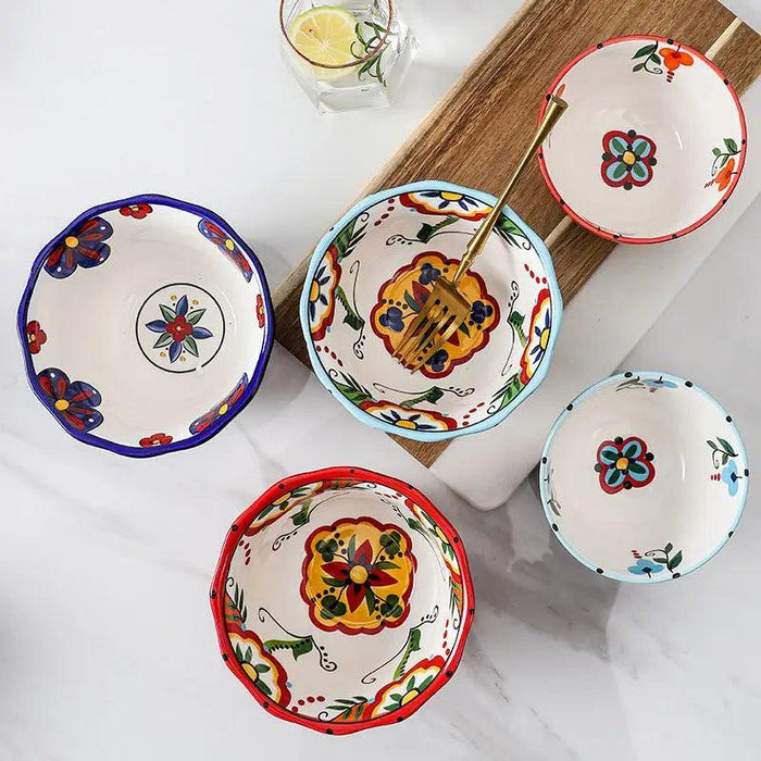 Bohemian Hand-Painted Ceramic Bowl - Elegant Rice, Noodle & Salad Dish with Innovative Chopstick Holder