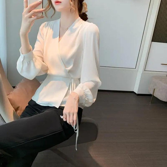 Korean-Style Women's Long Sleeve V-Neck Lace-Up Blouse