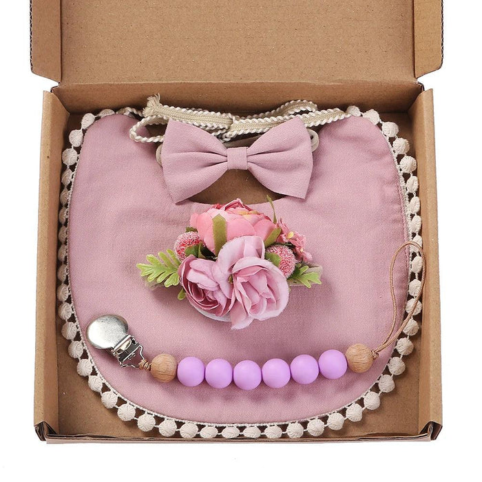 Chic Floral Baby Care Set: Bib, Headband, and Silicone Pacifier Clip in Festive Gift Box