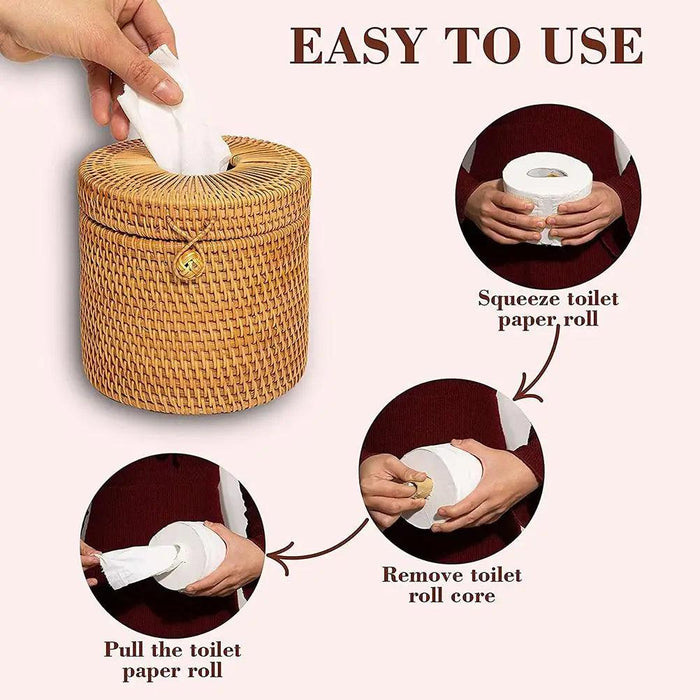 Elegant Woven Rattan Tissue and Toilet Paper Holder with Lid for Home and Office Décor