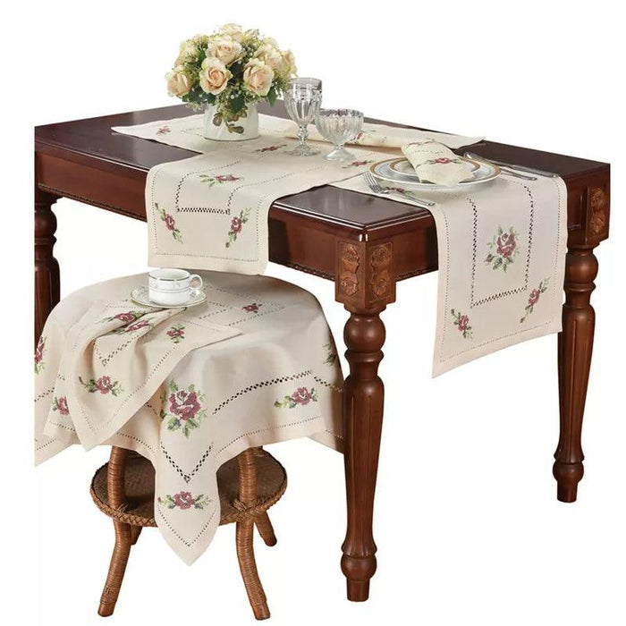 Romantic Rose Cross-Stitch Linen Table Runner & Cloth Set - White/Champagne