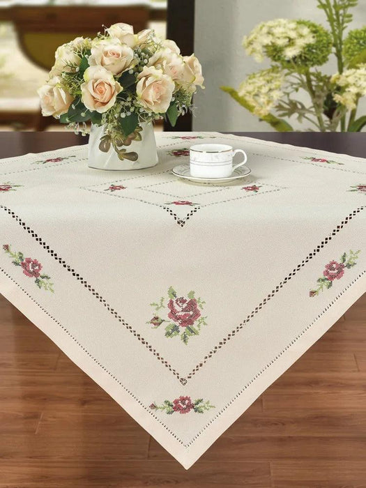 Romantic Rose Cross-Stitch Linen Table Runner & Cloth Set - White/Champagne