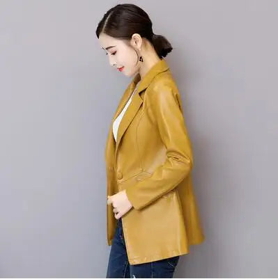 Sophisticated Korean Sheepskin Leather Blazer for Women - Trendy Mid-Length Fashion Coat