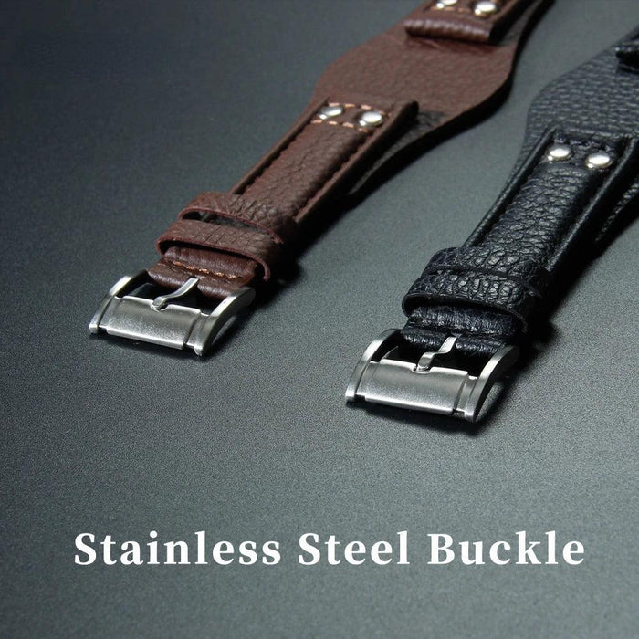 22mm Luxurious Black/Brown Riveted Leather Strap for Fossil Watches