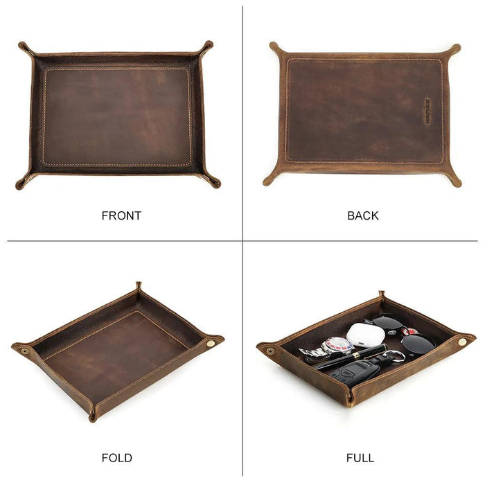 Elegant Cowhide Leather Organizer Tray for Keys, Wallets, and Coins: A Stylish Storage Solution