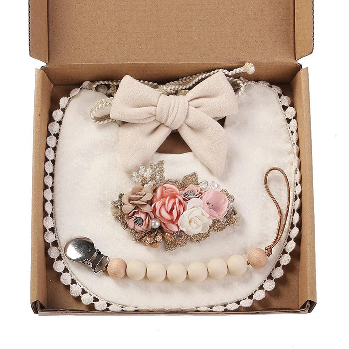 Chic Floral Baby Care Set: Bib, Headband, and Silicone Pacifier Clip in Festive Gift Box