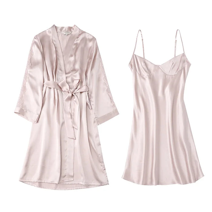 Nighttime Elegance: Luxurious Mulberry Silk Nightgown Ensemble with Delicate Lace Sleeves