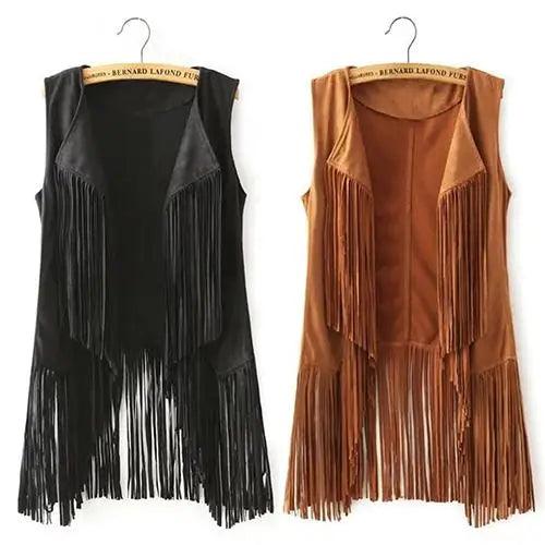 Sleeveless Faux Leather Women's Motorcycle Vest with Bohemian Suede Tassels and Fringe