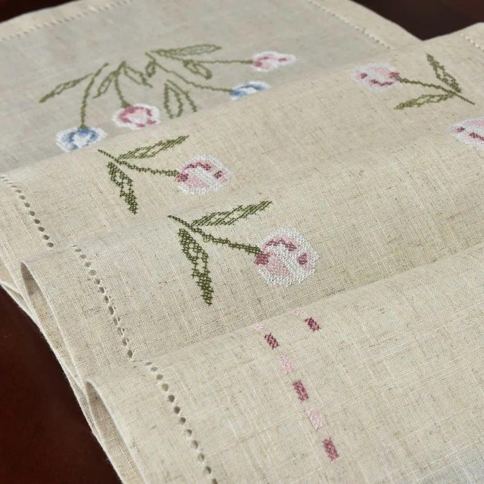 Tulip Elegance Cross-Stitch Table Runner - Exquisite Floral Embroidery - Natural Rustic Appeal - 72" - Perfect for Home, Airbnb, Hotel