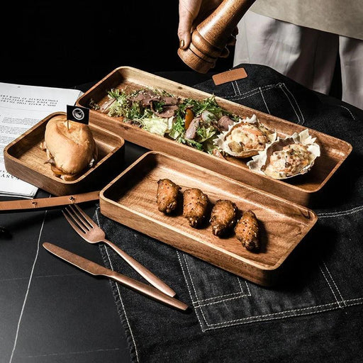 Stylish Acacia Wood Serving Tray with Ergonomic Grooved Handles - Perfect for Breakfast, Sushi, Snacks, and Desserts