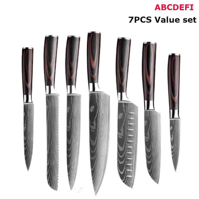 Premium 7CR17 Japanese Laser Damascus Culinary Knife Set - Chef, Santoku, Cleaver, Slicing & Utility Options