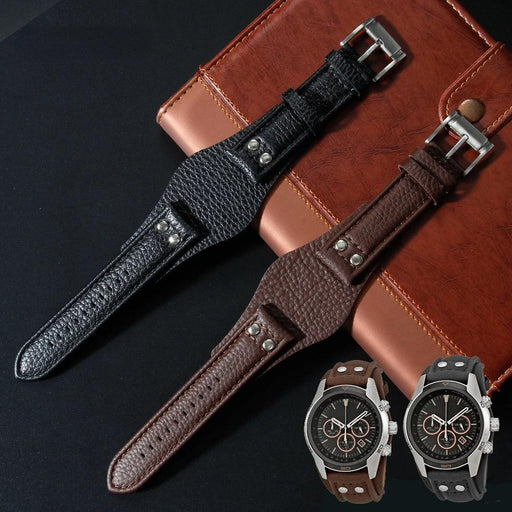 22mm Luxurious Black/Brown Riveted Leather Strap for Fossil Watches