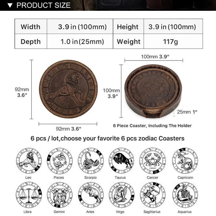 Celestial Zodiac Leather Drink Coasters - Set of 6 with Unique Astrological Designs