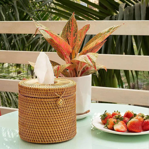 Elegant Woven Rattan Tissue and Toilet Paper Holder with Lid for Home and Office Décor