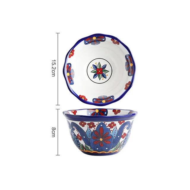 Bohemian Hand-Painted Ceramic Bowl - Elegant Rice, Noodle & Salad Dish with Innovative Chopstick Holder