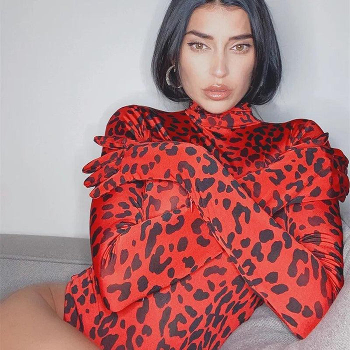 Leopard Print Long Sleeve Turtleneck Bodysuit for Women with Gloves - Slim Bodycon Rave Outfit for Autumn