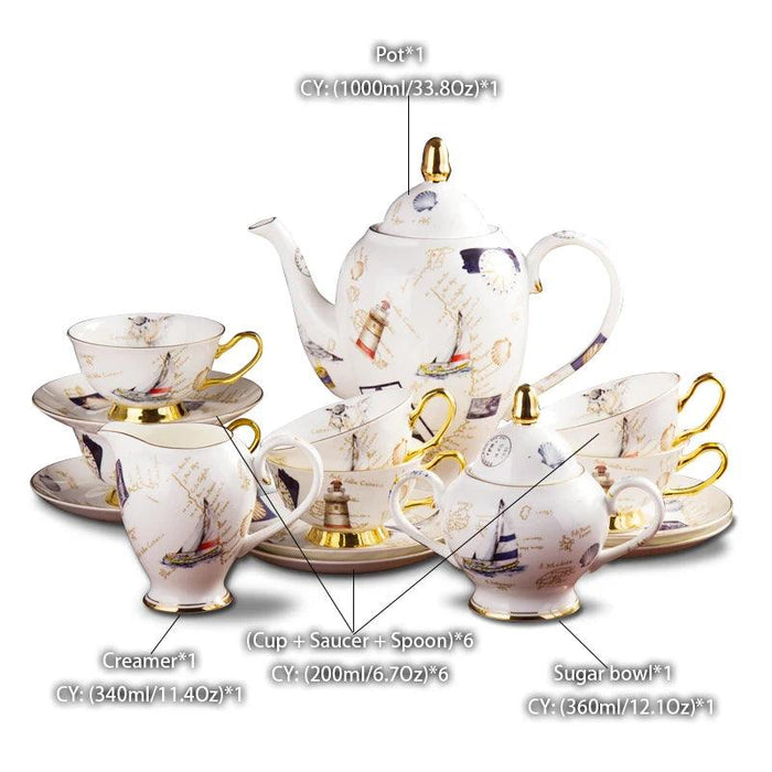 Elegant Bone China Tea and Coffee Service - Premium Porcelain Teapot, Creamer, Sugar Bowl, and Cups for Luxurious Teatime Gatherings