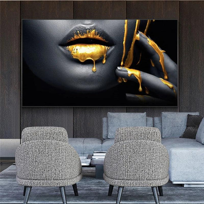 Stunning Golden Lips Canvas Art - Bold Tribute to Black Women for Chic Home Decor