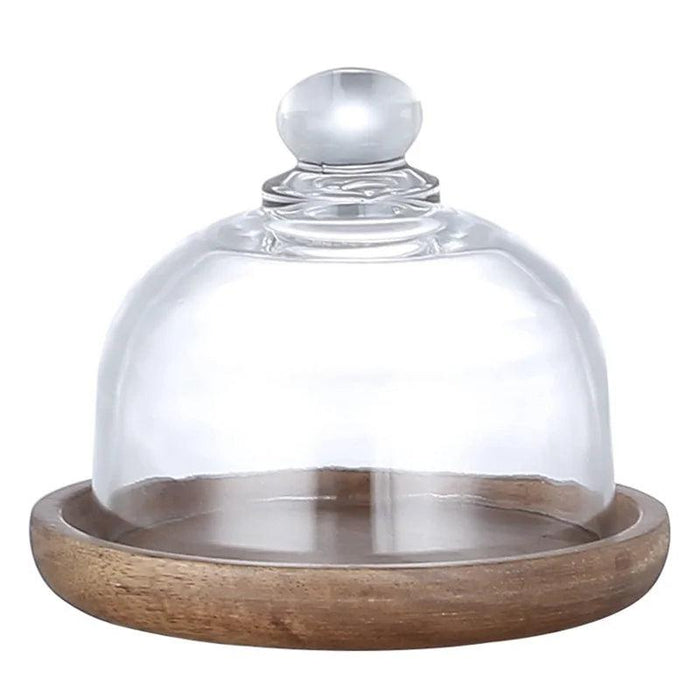 Acacia Wood Mini Treat Serving Dish with Clear Glass Dome for Elegant Tea Time