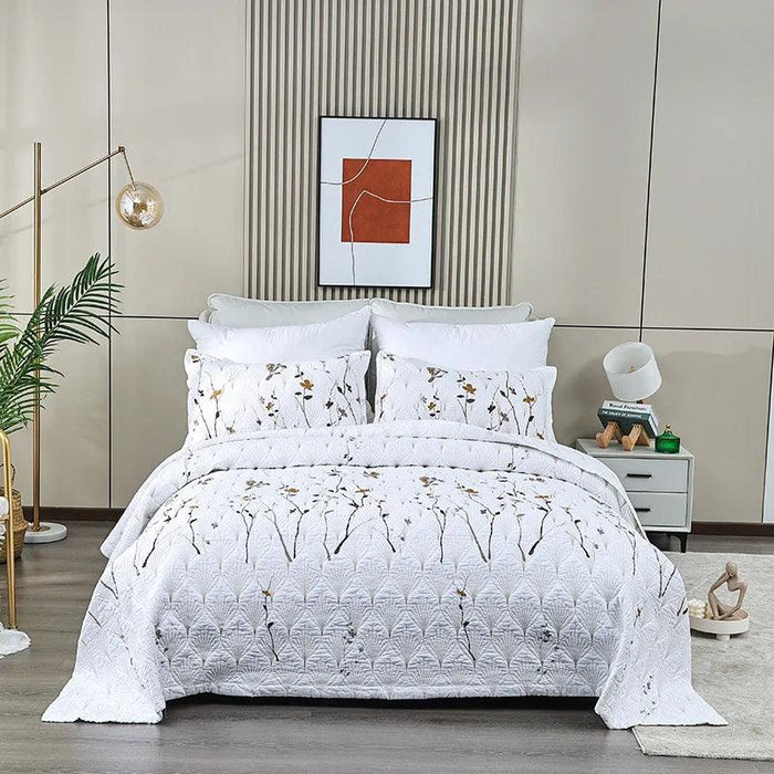 Elegant Embroidered Cotton Quilt Set - 3PC Queen Size Bedspread for Serene Summer Nights