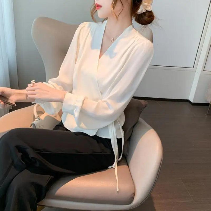 Korean-Style Women's Long Sleeve V-Neck Lace-Up Blouse