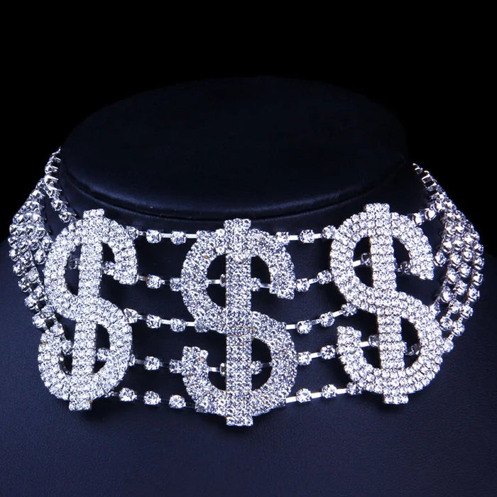 Rhinestone Luxurious Personalized Choker - Oversized Crystal Money Design Elegance