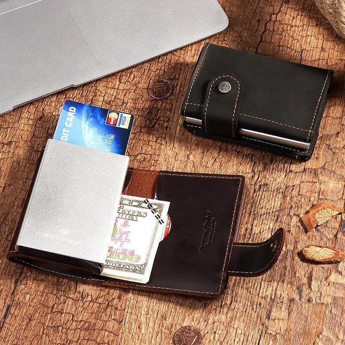 RFID Blocking Crazy Horse Leather Men's Card Wallet with Push-Button Ejection and Money Clip