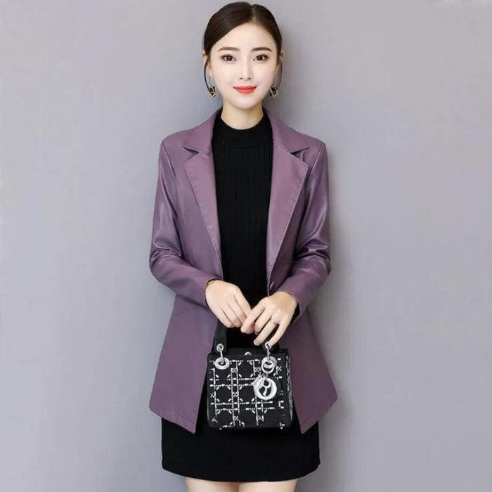 Sophisticated Korean Sheepskin Leather Blazer for Women - Trendy Mid-Length Fashion Coat