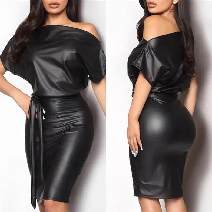 Women’s Sexy Black PU Leather Off-Shoulder Bodycon Dress with Batwing Sleeves