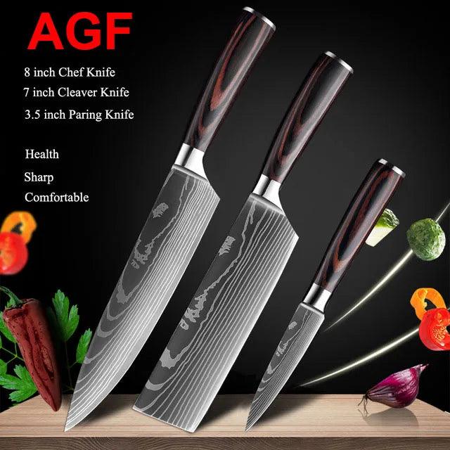 Premium 7CR17 Japanese Laser Damascus Culinary Knife Set - Chef, Santoku, Cleaver, Slicing & Utility Options