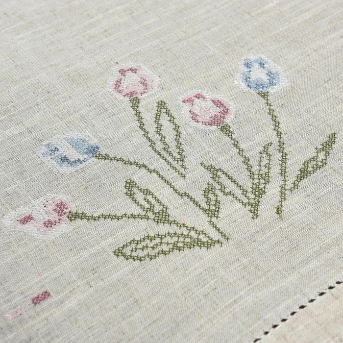 Tulip Elegance Cross-Stitch Table Runner - Exquisite Floral Embroidery - Natural Rustic Appeal - 72" - Perfect for Home, Airbnb, Hotel