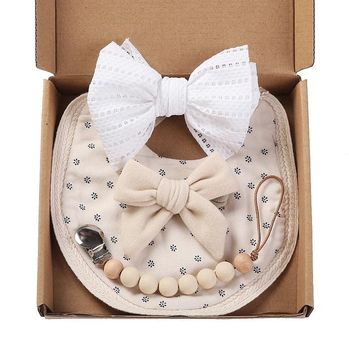 Chic Floral Baby Care Set: Bib, Headband, and Silicone Pacifier Clip in Festive Gift Box