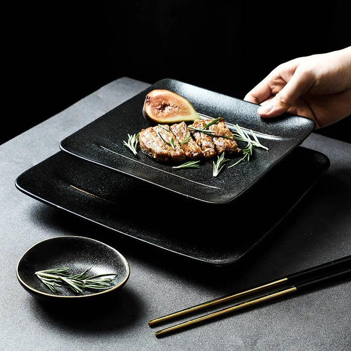 Elegant Matte Black and Gold Ceramic Dinnerware Collection - Essential Set for Upscale Dining Experiences